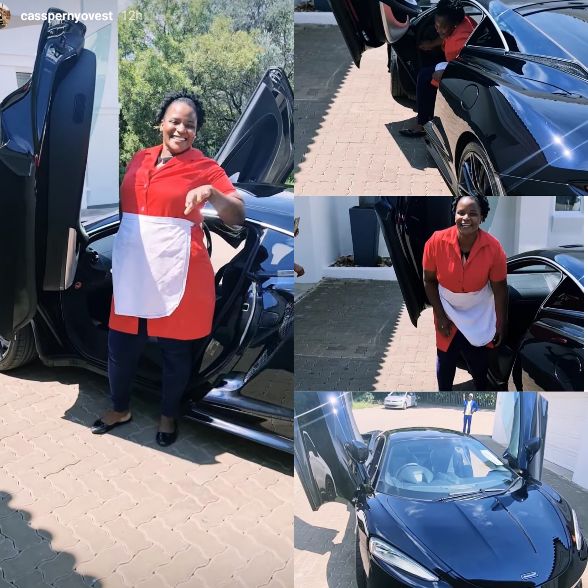 Cassper Nyovest’s helper gets a feel of his new car as she congratulates him on the new wheels
