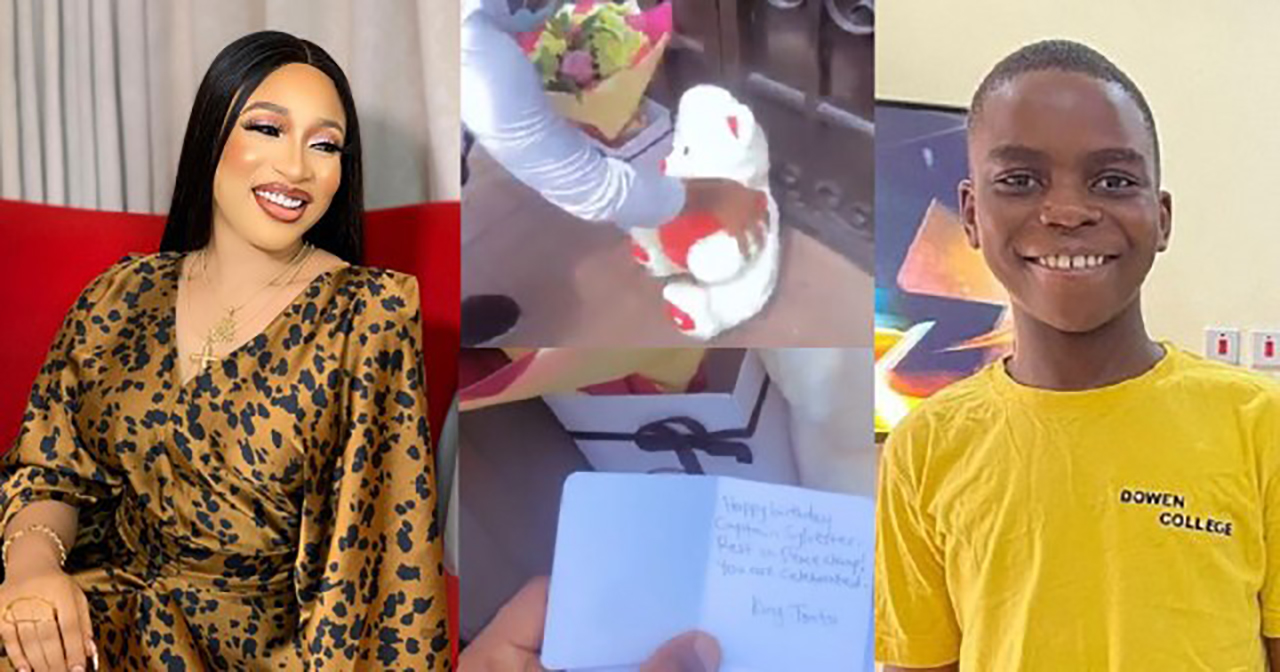 Tonto Dikeh sends flowers and a teddy bear to Dowen college to mark Sylvester Oromoni’s 12th birthday: appeals to people in Lagos to do the same