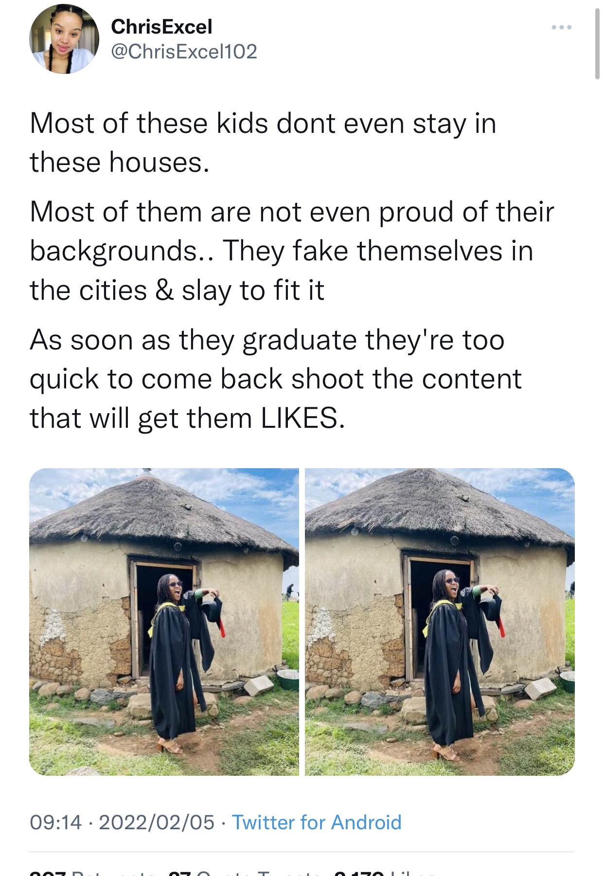Young Graduate Attacked On Twitter For Posing In Front Of A Hut