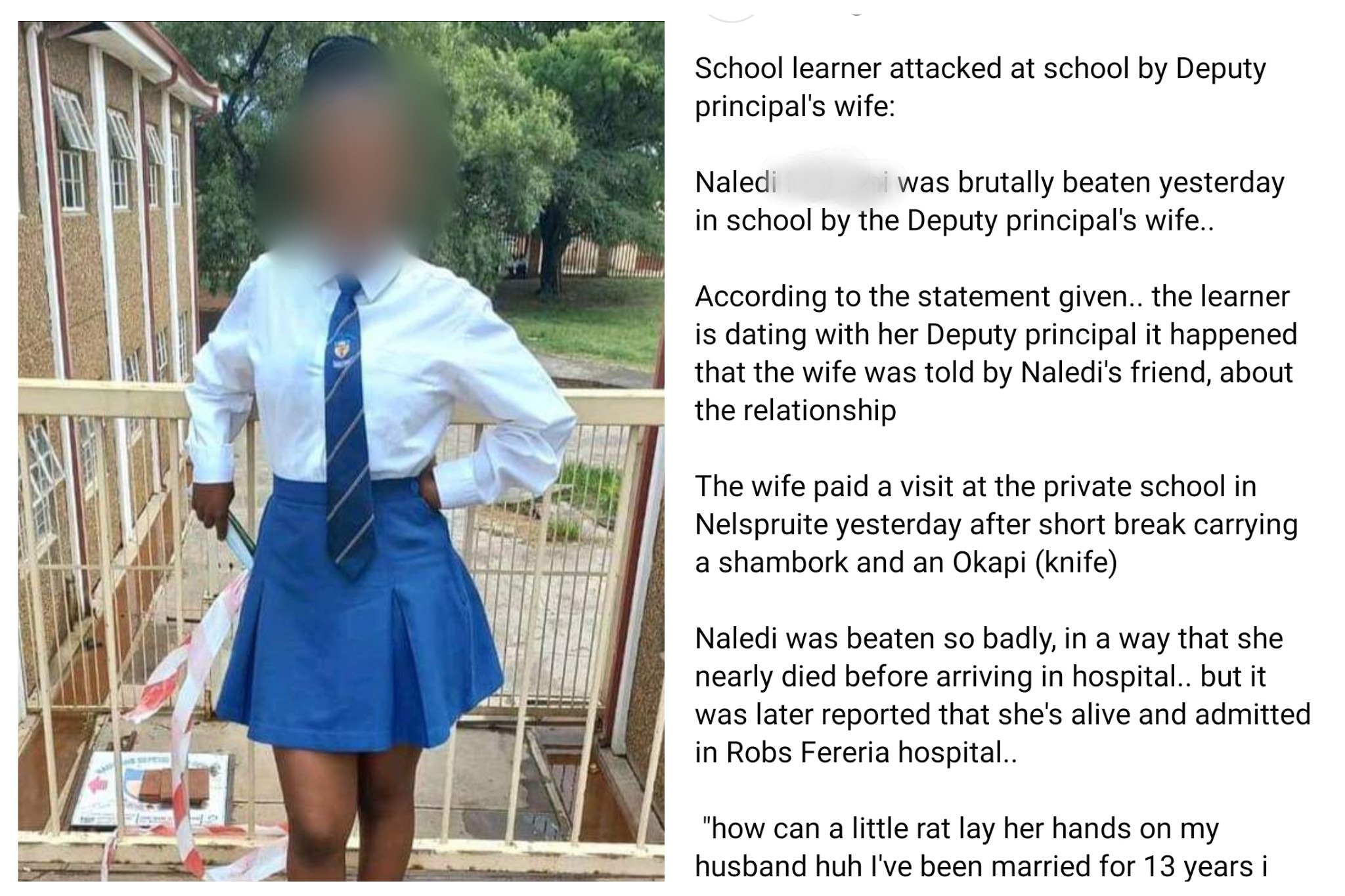 Oh! learner was allegedly attacked at school by the Deputy Principal’s wife for dating her husband