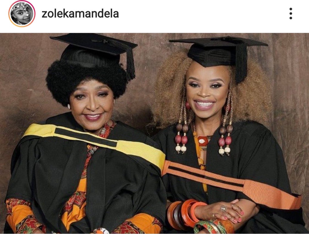 Zoleka and Mama Winnie Mandela wearing their graduation gowns, see which degree Zoleka holds